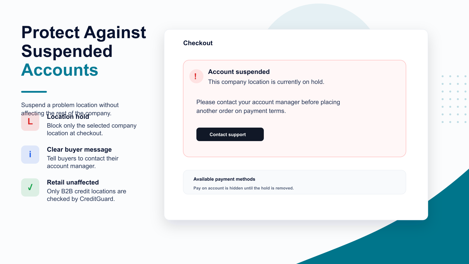 Buyer-facing checkout block for a suspended account with contact message