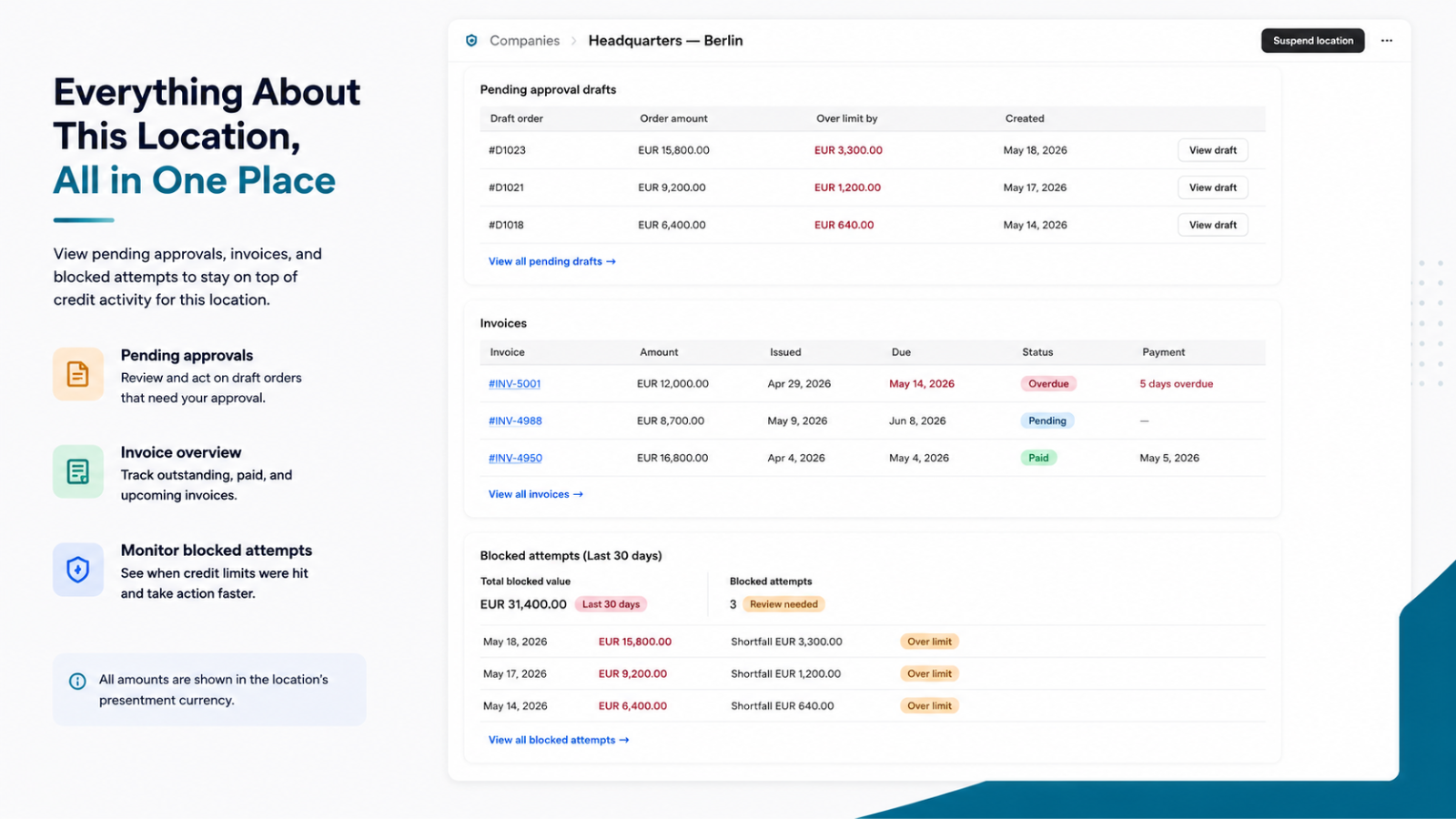 Companies list showing per-location credit rows, status badges, and Has Overdue indicators