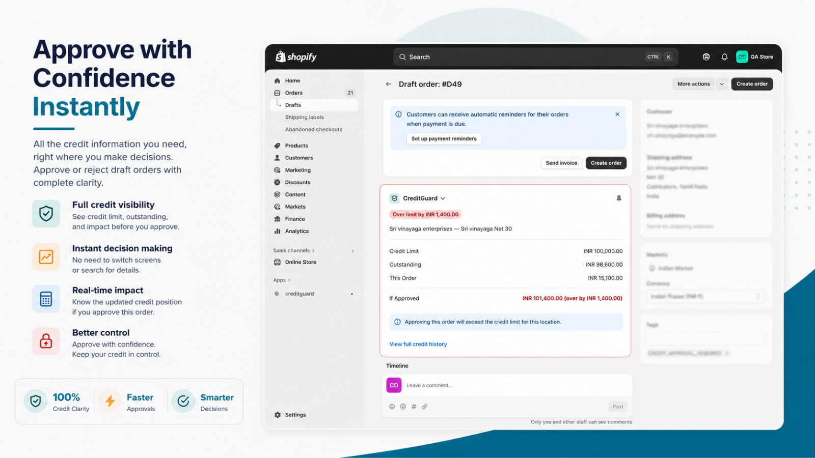 CreditGuard block on a Shopify Admin draft order page showing credit status badge and position table