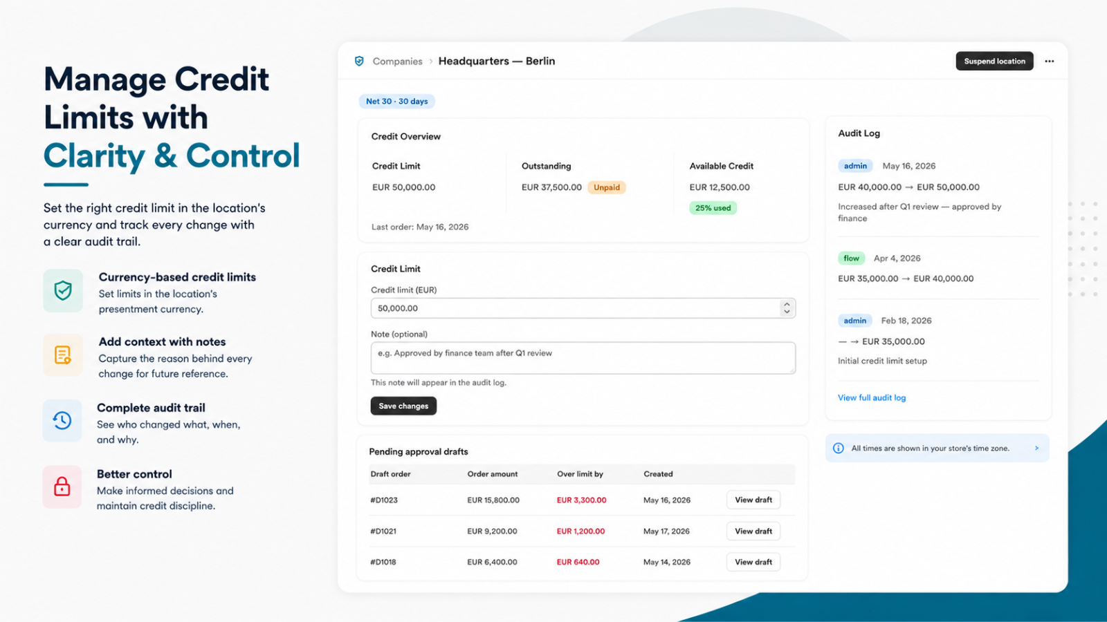Location detail page with credit limit input field and save button